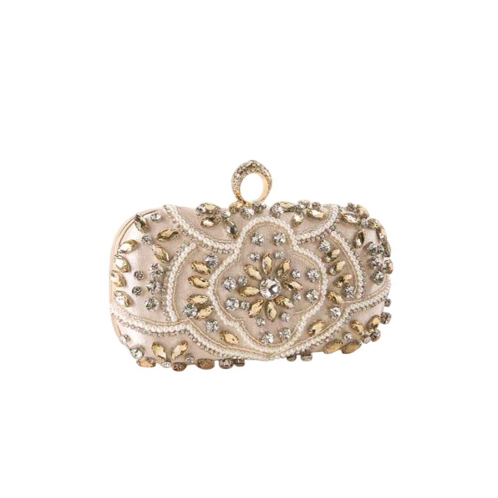 Champagne Satin Beaded Evening Clutch Rhinestone Pearl Minaudiere Bag Gold Chain